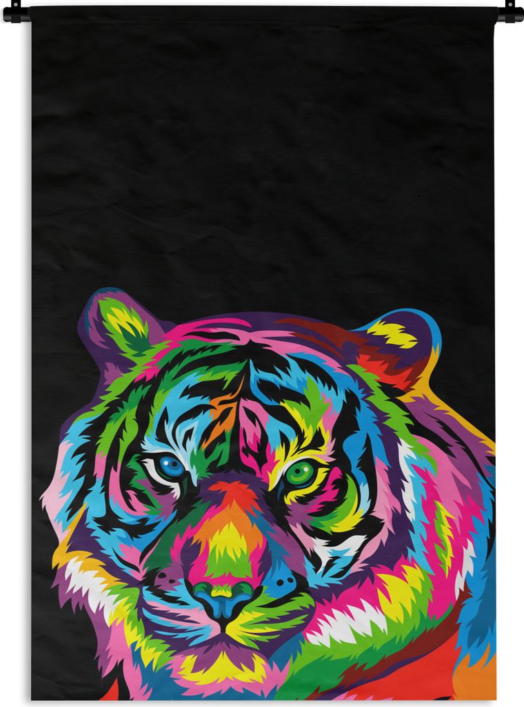 MuchoWow Wandteppich Wandbehang Tiger - Schwarz - Regenbogen 90x135 cm Tapisserie Dekoration Wandtuch - Baumwolle - Wandskulptur