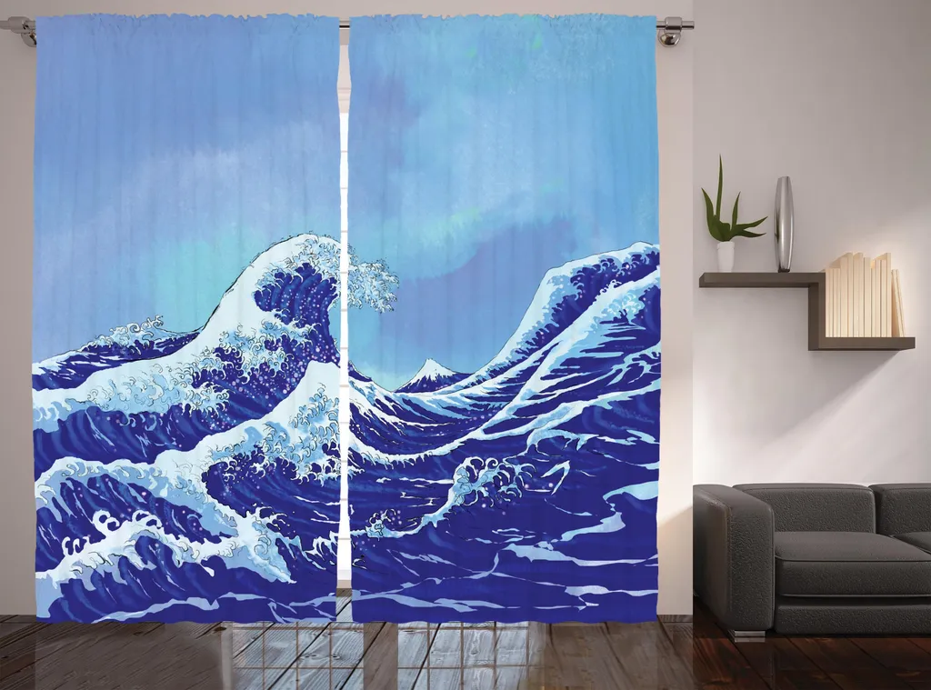 Rideau de Chambre Bleu Clair Motif Vague Océan avec Crochets Fournis