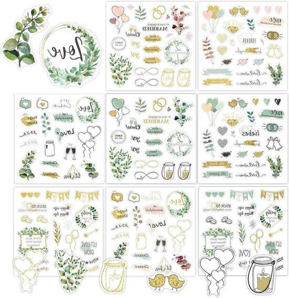 8 Blätter Selbstklebender Sticker Set - Exquisite Gold-Gelbe Designs für Fotoalbum und Gastenbuch - Dekorative Sticker für Hochzeit mit Selbstkl...