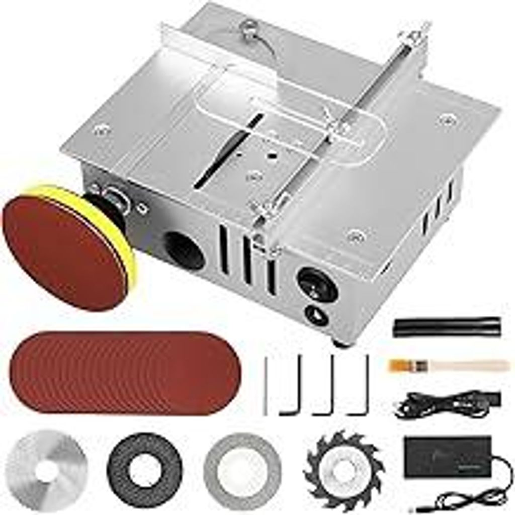 Mini Tischkreissäge mit 4 Klingen, 96W Tischsäge Klein mit 7-Gang-Netzteil Einstellbarer, 0,1-15mm Sägeblatt Höhenverstellbarer, Multifunktiona...