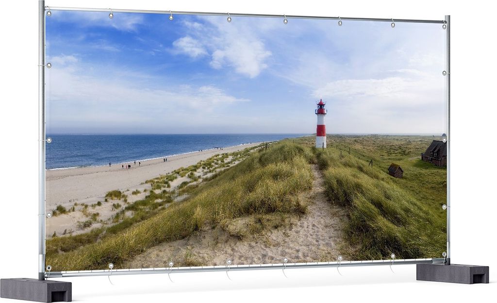 Wallario XXL Outdoor-Poster für Garten oder Balkon, Motiv Am Strand von Sylt Leuchtturm auf der Düne Panorama, in ca. 340 x 173 cm
