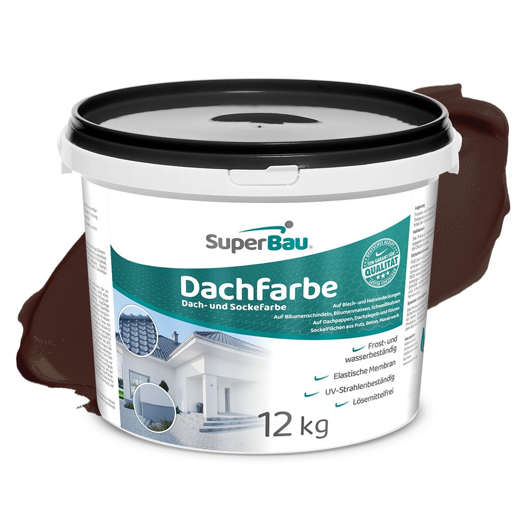 Superbau Dachfarbe Braun 12kg, Sockelfarbe WASSERDICHT, Fassadenfarbe für Außen, Dachbeschichtung für Blechdach, Bitumen, Dachpappe, Schindeln, ...