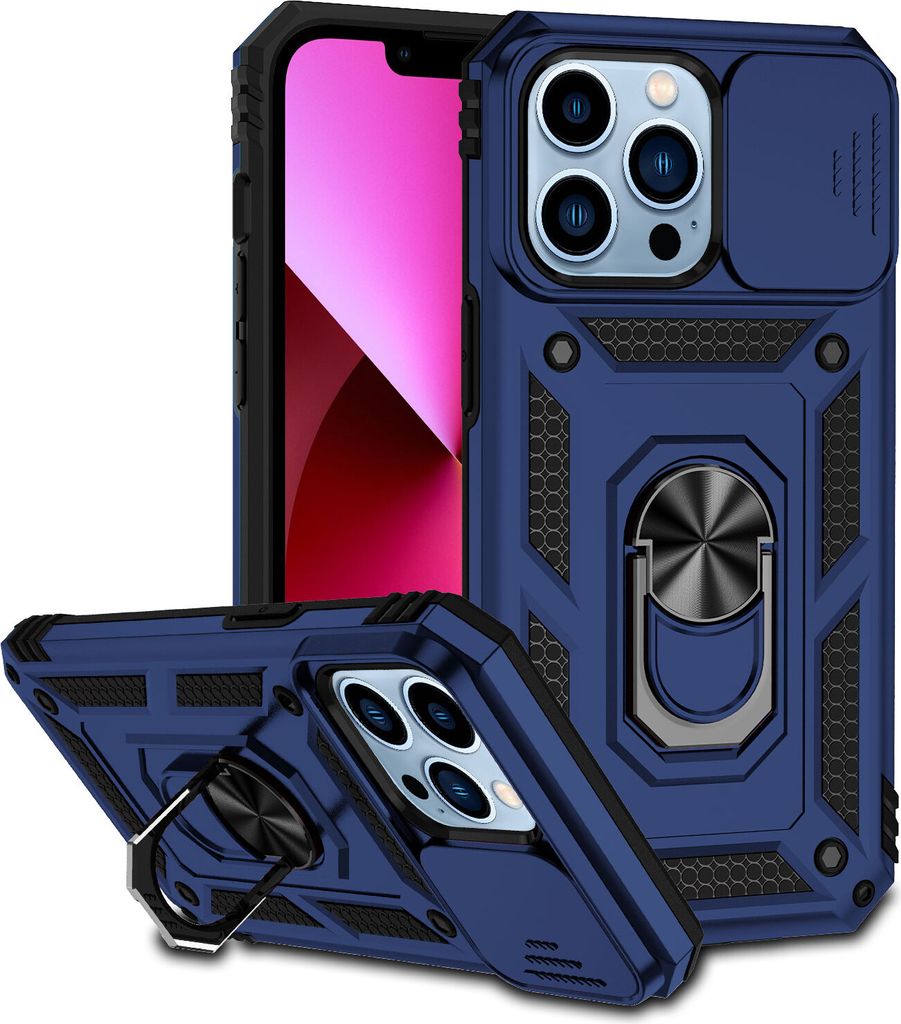 iPhone 13 Pro Max Hülle mit Schiebe Kamera Schutz und Ringhalter Ständer Robust Rüstung Schutzhülle für iPhone 13 Pro Max Blau