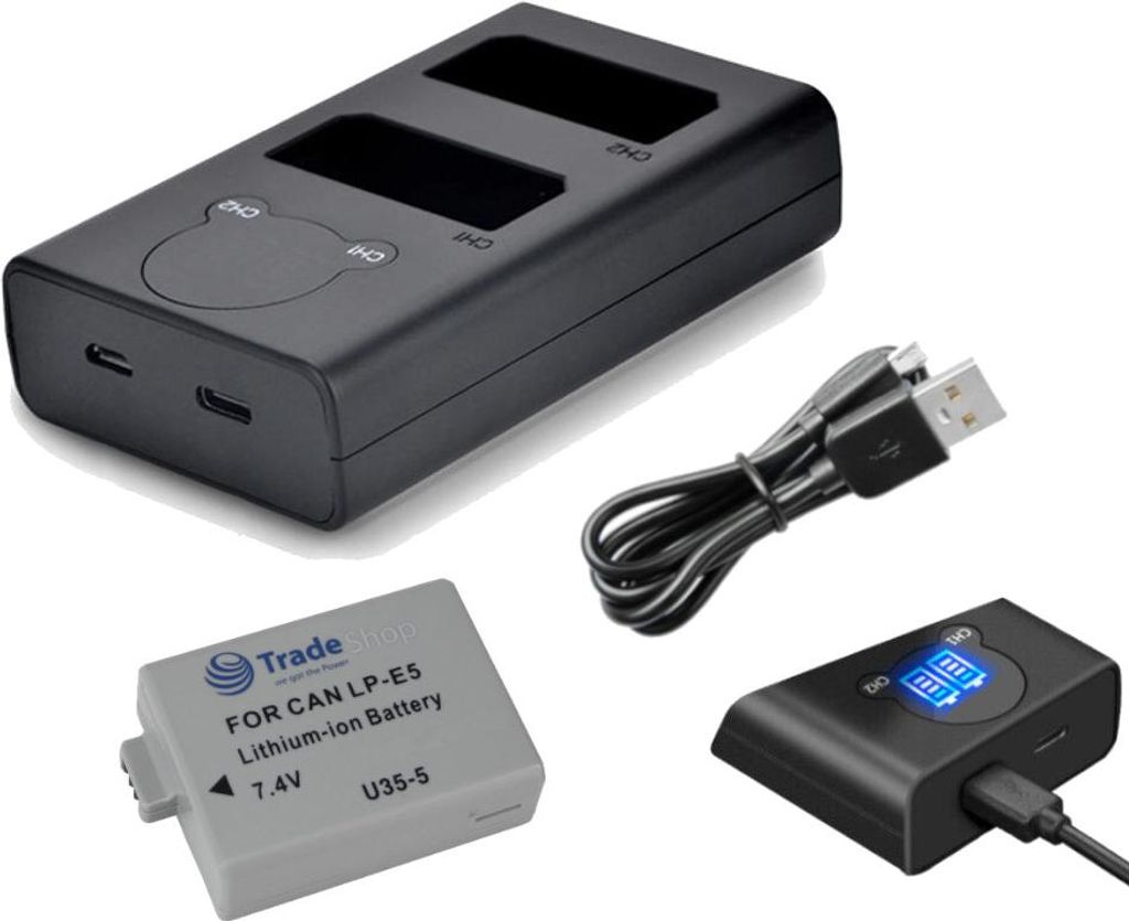 Trade-Shop 2in1 Set: Li-Ion Akku 1200mAh + USB-C Doppel Akku Dual LCD Ladegerät für 2 Akkus kompatibel mit Canon LP-E5, EOS-450D, EOS-500D, EOS-1...