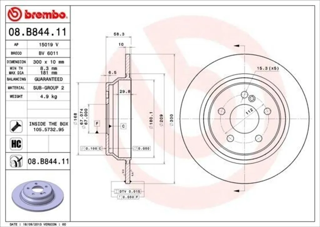 Brembo 08.B844.11 Disque de Frein Arrière pour Mercedes SL R230 OE 2304230712