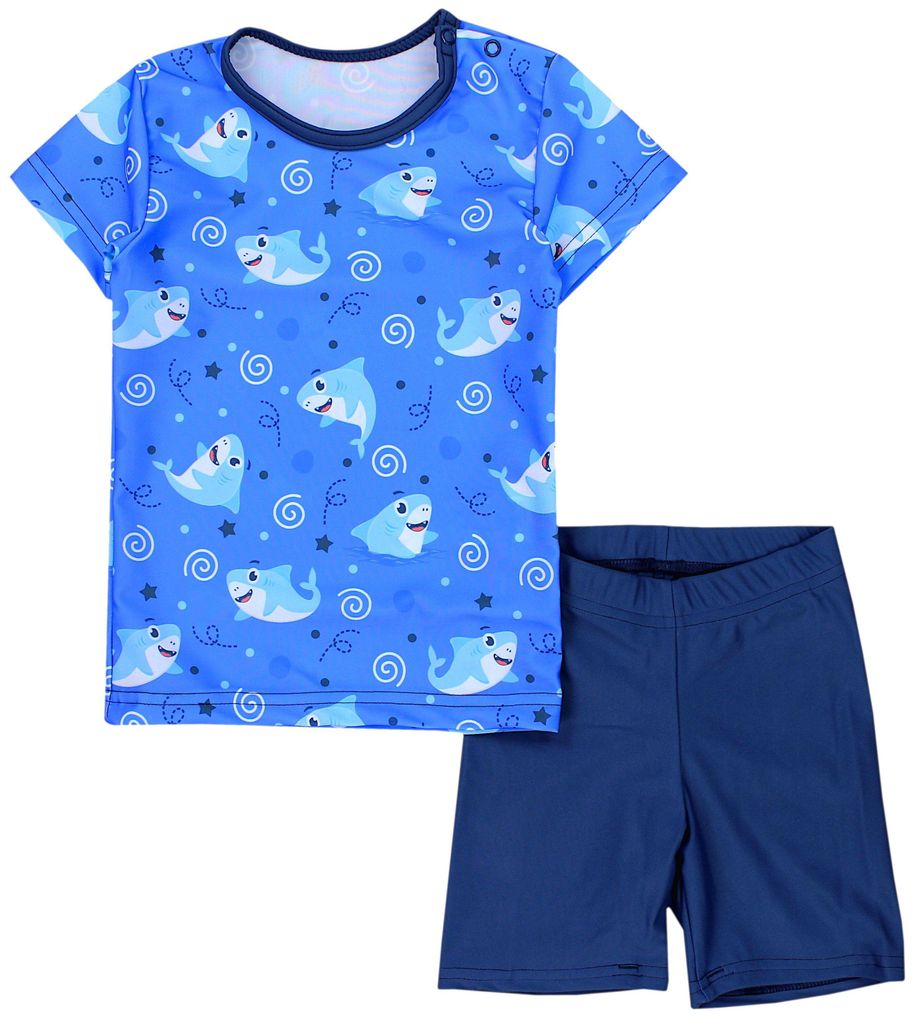 Aquarti Baby Jungen Bade-Set Zweiteiliger Kinder Badeanzug T-Shirt Badehose UV-Schutz, Farbe: Haie Blau Dunkelblau , Größe: 92
