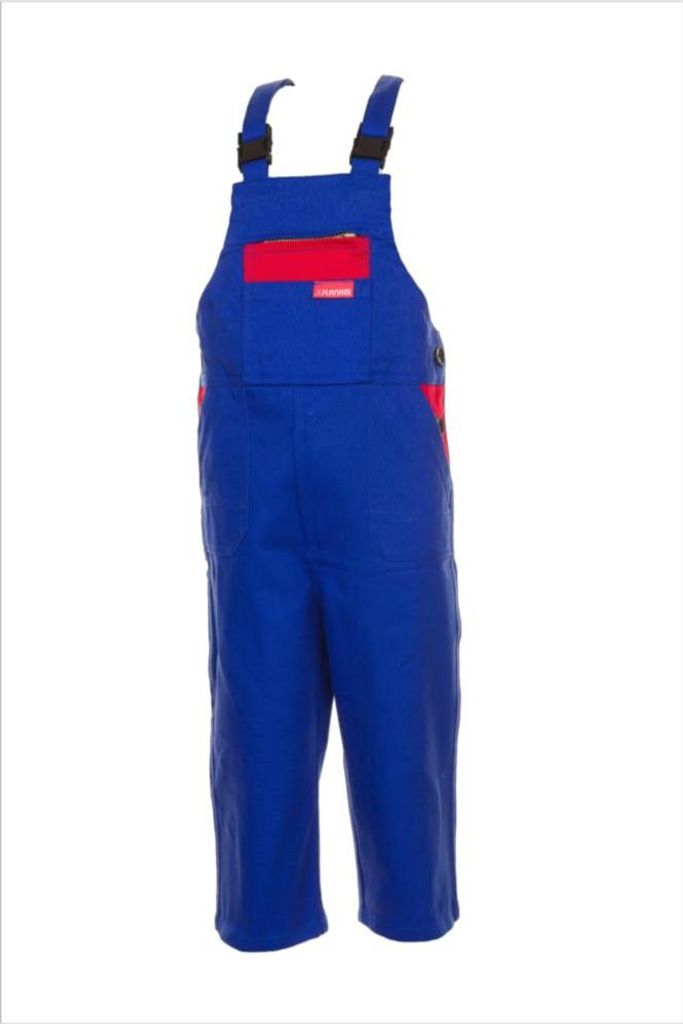 A pair of blue overalls with red accents, shown against a white background.