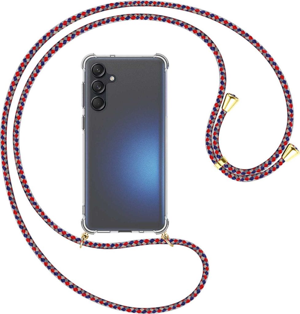 Handykette Backcover-Schutzhülle mit Band (Metall goldfarben) für Samsung Galaxy M55 5G - silber/blau/rot