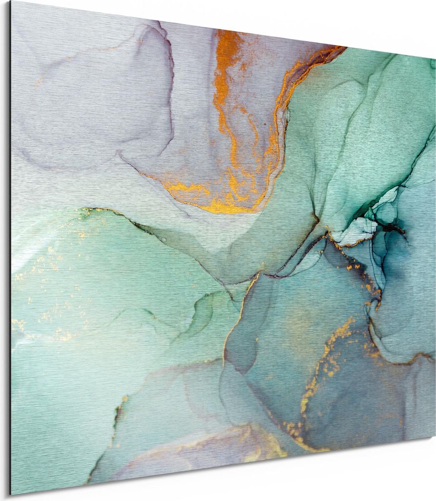 DEQORI Alu-Dibond Bild Silber 80x60 cm 'Zerlaufene Wasserfarbe' Wandbild Metall dünn