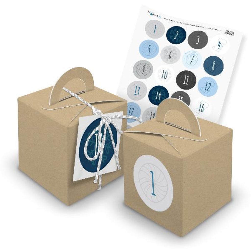 itenga SET Adventskalender Würfelboxen braun + Garn + Anhänger (V33) + Motiv Z12