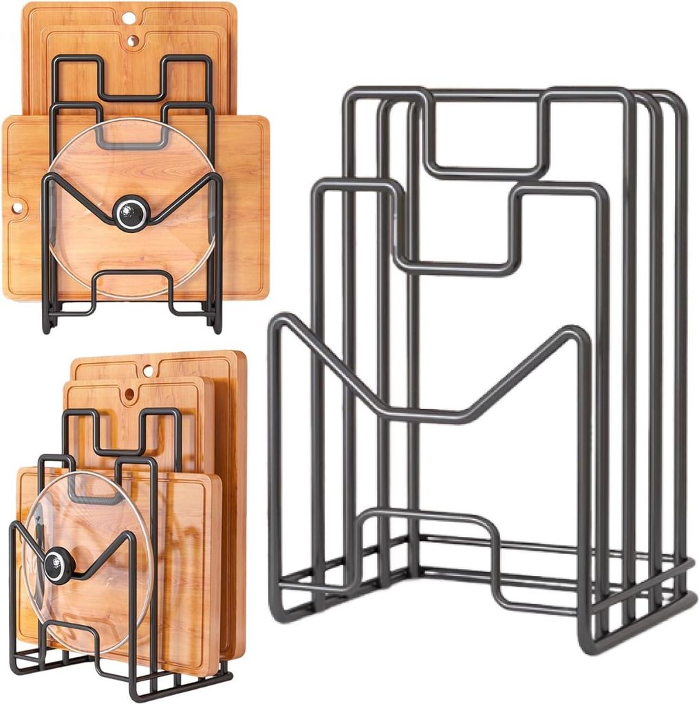 A product shot of cutting board and pot lid organizers.