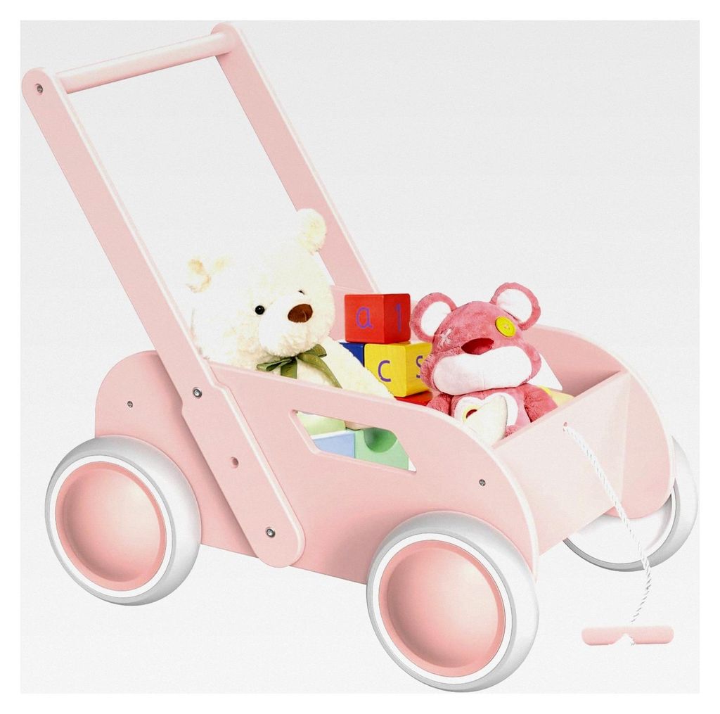 Holz Lauflernhilfe, Baby Lauflernwagen für Jungen und Mädchen, Kinderwagen aus Holz mit Stauraum, Geschenk für Geburtstag und Weihnachten, Rosa