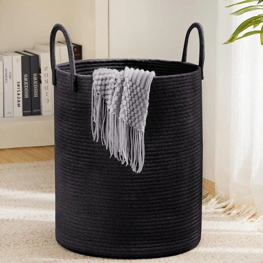 Corbeille à Linge Cylindrique en Coton Noir - Panier de Rangement de 55L