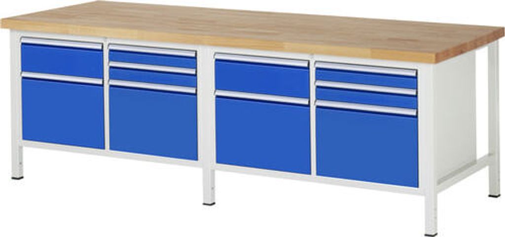 Werkbank mit 10 Schubladen - Teilauszug - 90:4 / 180:2 / 360:4 - 840 x 2.500 x 900 mm (HxBxT) - Traglast 1.250 kg - Buche