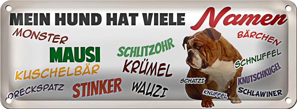 Blechschild Spruch 27x10cm Mein Hund hat viele Namen Dekoration