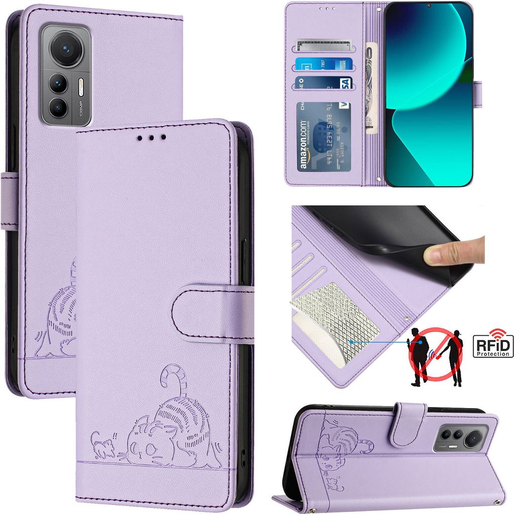 Leder Hülle für Xiaomi 12 Lite Süße Katze Flip Case Brieftasche Schutzhülle mit Standfunktion Lila