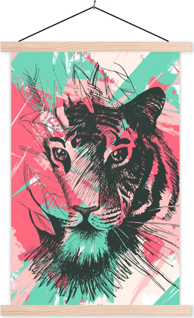 MuchoWow Textilposter Tiger - Abstrakt - Rosa 60x90 cm mit holzfarbenen Rahmen - Textil