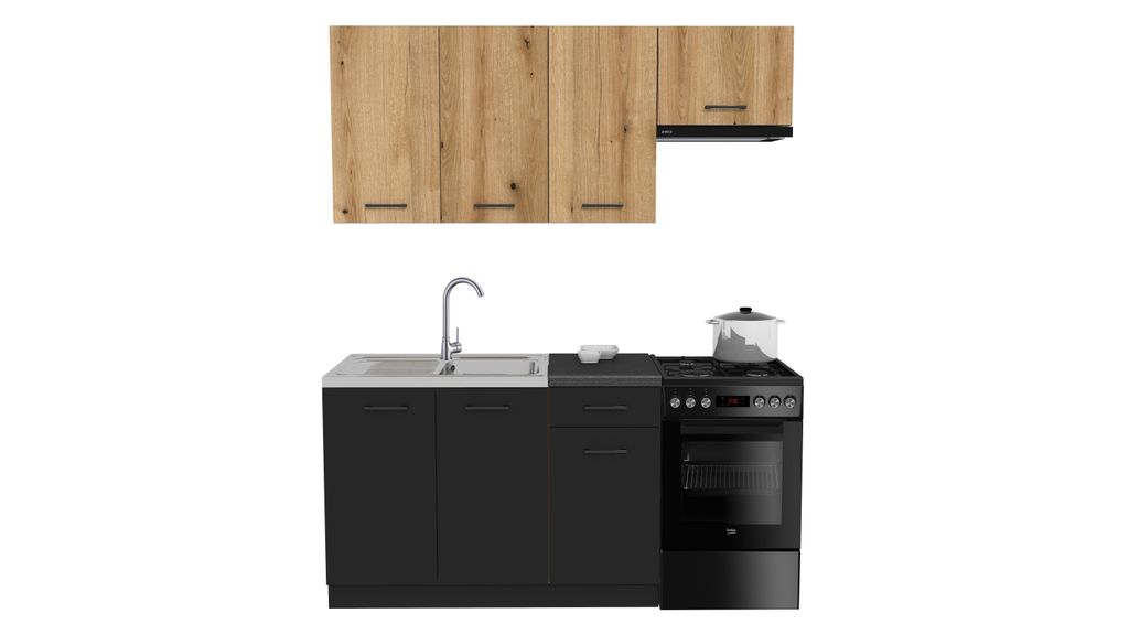 Küchenzeile 170 cm Küchenblock küchenmöbel Einbauküche Mit Arbeitsplatte Küche, SIMPLY Z5 - Eiche/Schwarz Matt