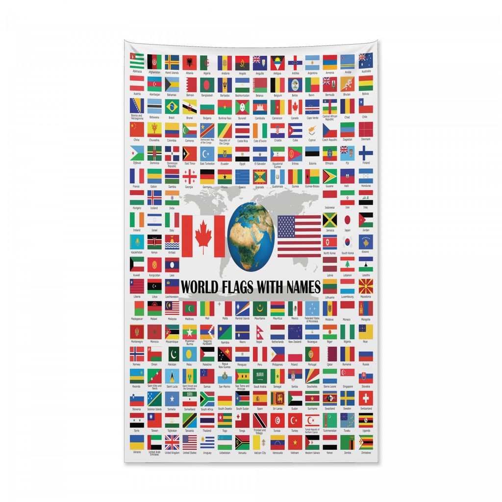 Abakuhaus Flaggen Wandteppich und Tagesdecke, Flaggen der Welt mit Namen aus Weiches Mikrofaser Stoff Kein Verblassen Klare Farben Waschbar, 140 x ...