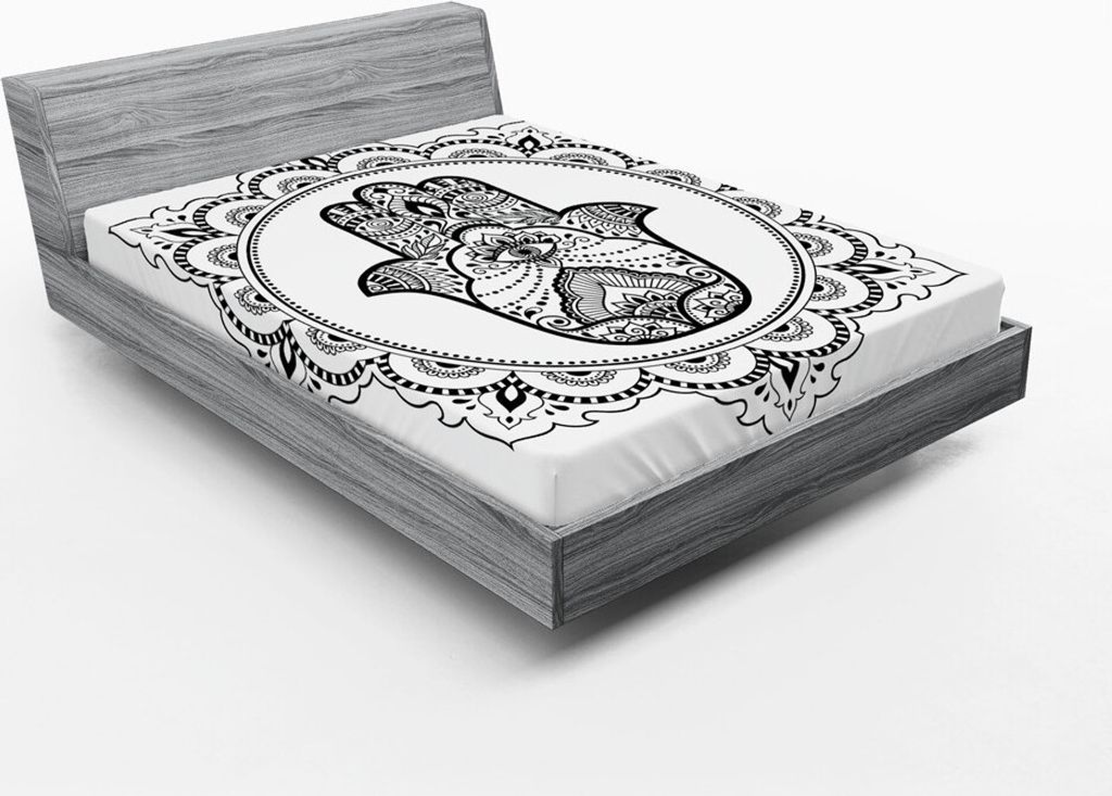 ABAKUHAUS Hamsa Spannbetttuch, Mehndi Art Symbol in den runden Mandala-orientalischen künstlerischen ethnischen a, 140 x 200 cm, Weiß Schwarz