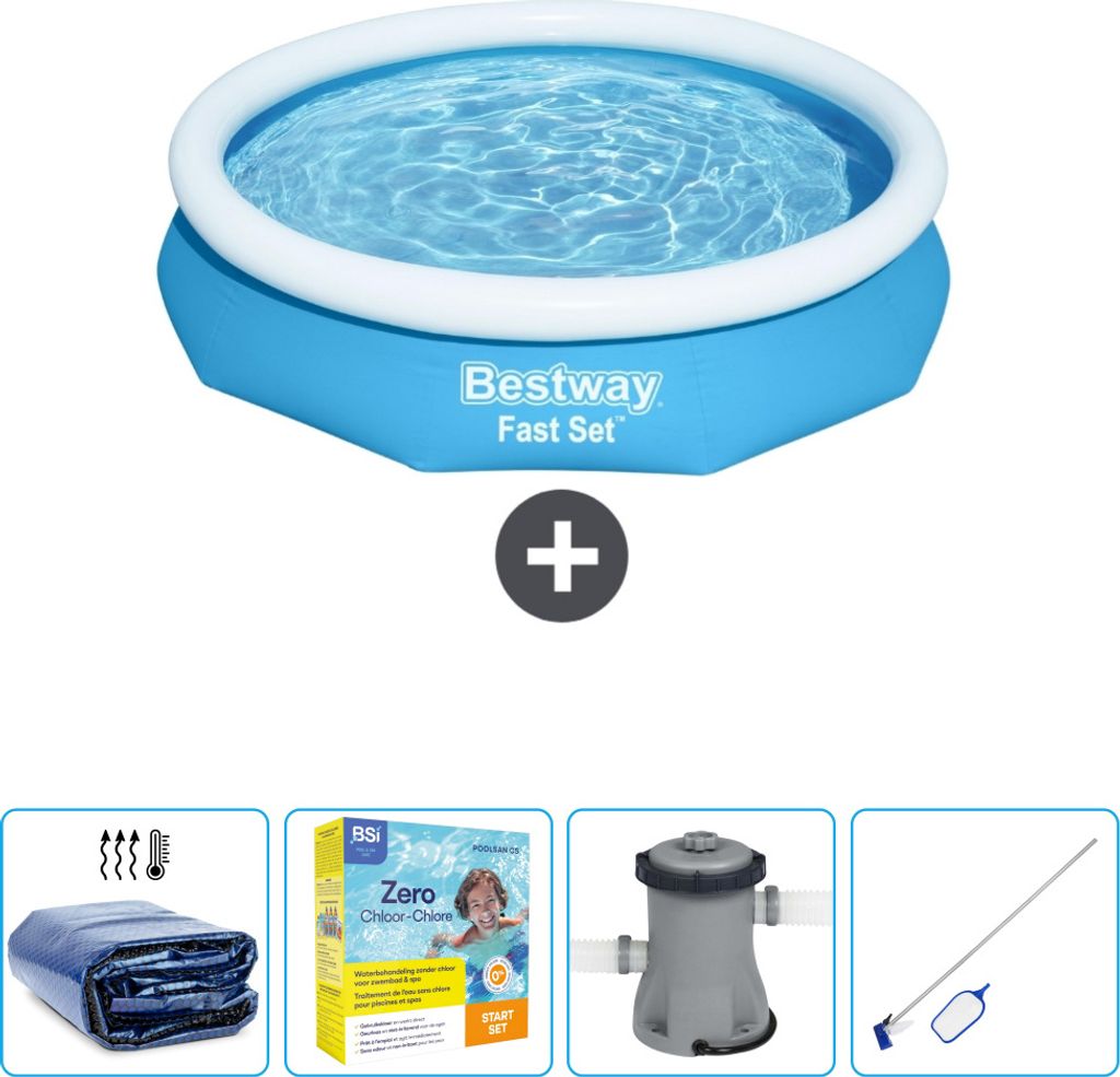 Bestway runder aufblasbarer Fast-Set-Pool – 305 x 66 cm – Blau – im Lieferumfang enthalten Sonnensegel - Wartungspaket - Pumpe - Reinigungskit
