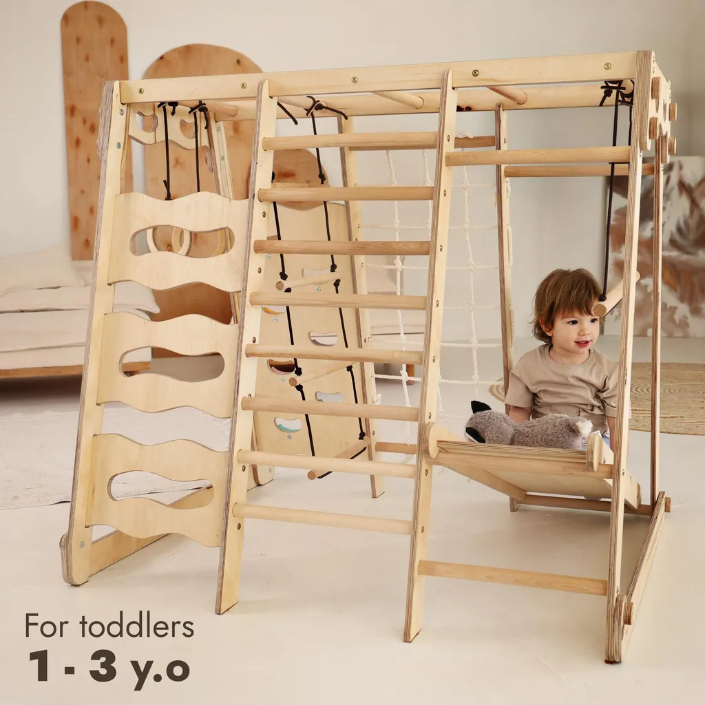 Échafaudage d'escalade d'intérieur 9 en 1 pour enfants, kit de jeu d'escalade Montessori en bois avec toboggan, balançoire, cadre d'escalade, échelle verticale/en corde, filet d'escalade Échafaudage d'escalade d'intérieur 9 en 1 pour enfants, kit de jeu d'escalade Montessori en bois avec toboggan, balançoire, cadre d'escalade, échelle verticale/en corde, filet d'escalade