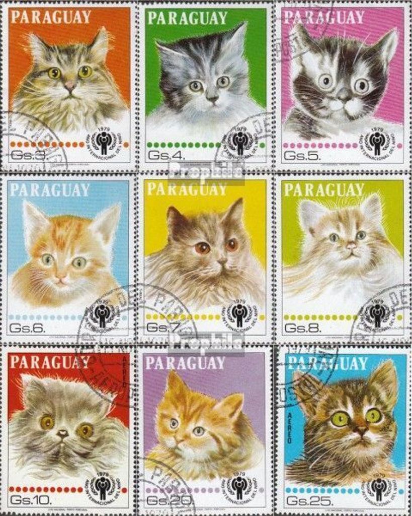 Briefmarken Paraguay 1979 Mi 3218-3226 (kompl.Ausg.) gestempelt Katzen