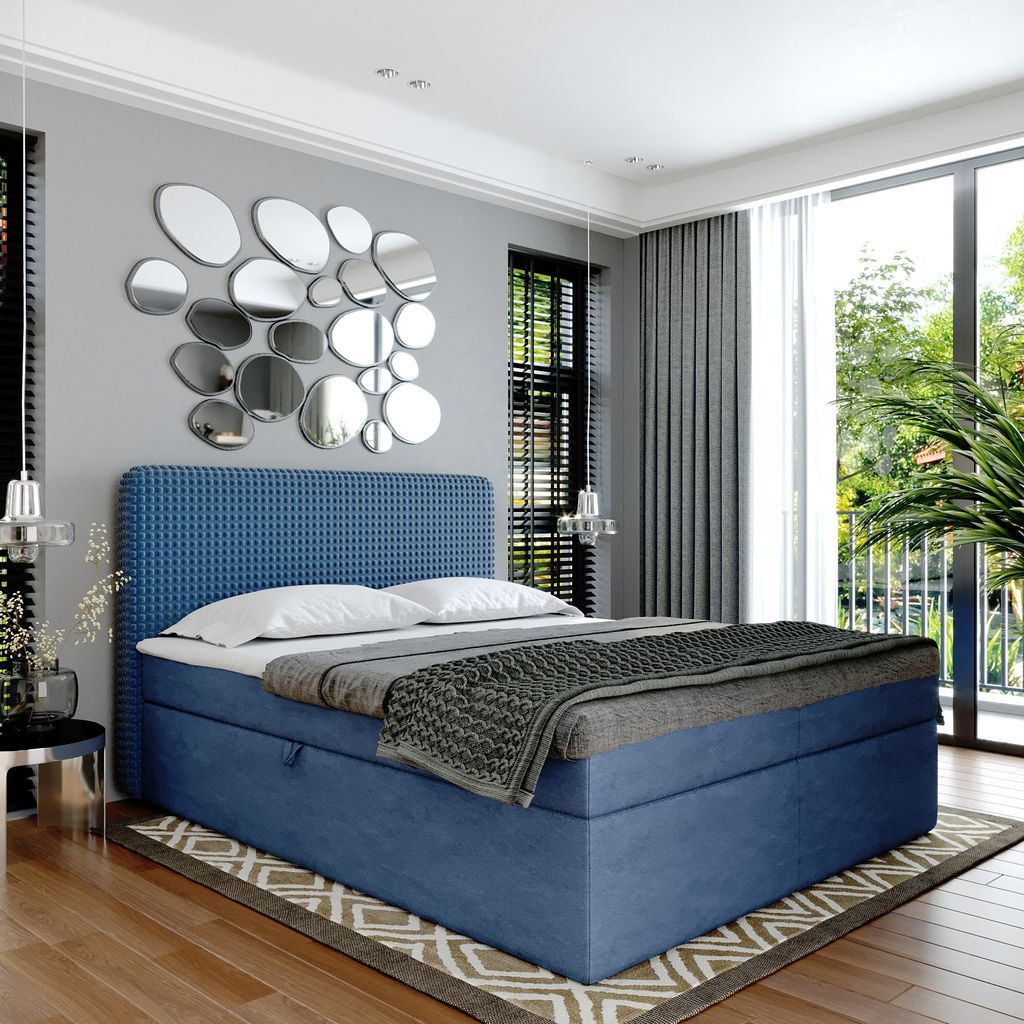 Boxspringbett Doppelbett SUZI - Bett mit Bonellmatratze, mit Bettkasten für Bettwäsche und Topper. Gepolstertes Kopfteil mit Einer Eleganten Weic...