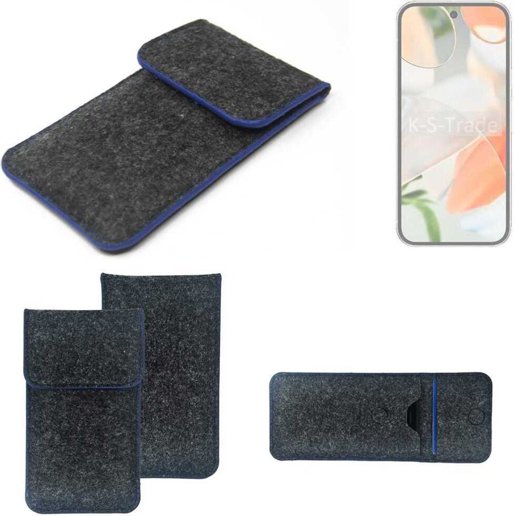 K-S-Trade Handy-Hülle Schutz-Hülle kompatibel mit Google Pixel 9 Filztasche Pouch Tasche Case Sleeve Filzhülle dunkelgrau, blauer Rand
