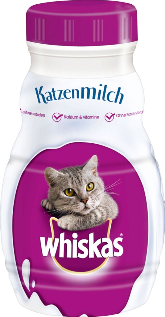 A bottle of Whiskas cat milk with a cat image on the label.