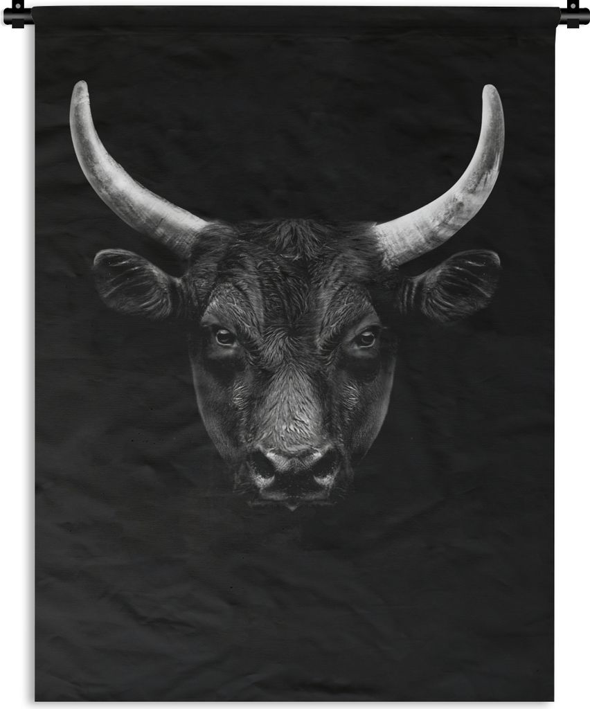MuchoWow Wandteppich Wandbehang Tiere - Stier - Schwarz - Weiß - Porträt 120x160 cm Tapisserie Dekoration Wandtuch - Wohnzimmer - Moderne