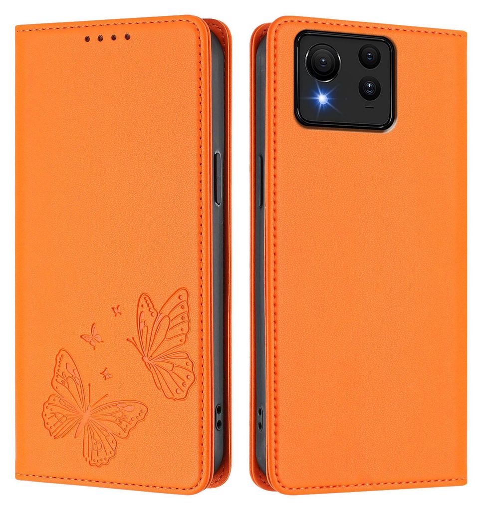 Lederhülle für Asus Zenfone 11 Ultra, Schmetterling Prägung Leder Brieftasche Schutzhülle mit Ständer Orange