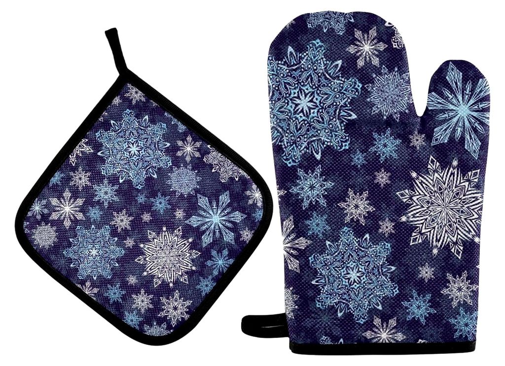 Ofenhandschuhe und Topflappen-Set mit Schneeflockenmotiv in Eisblau