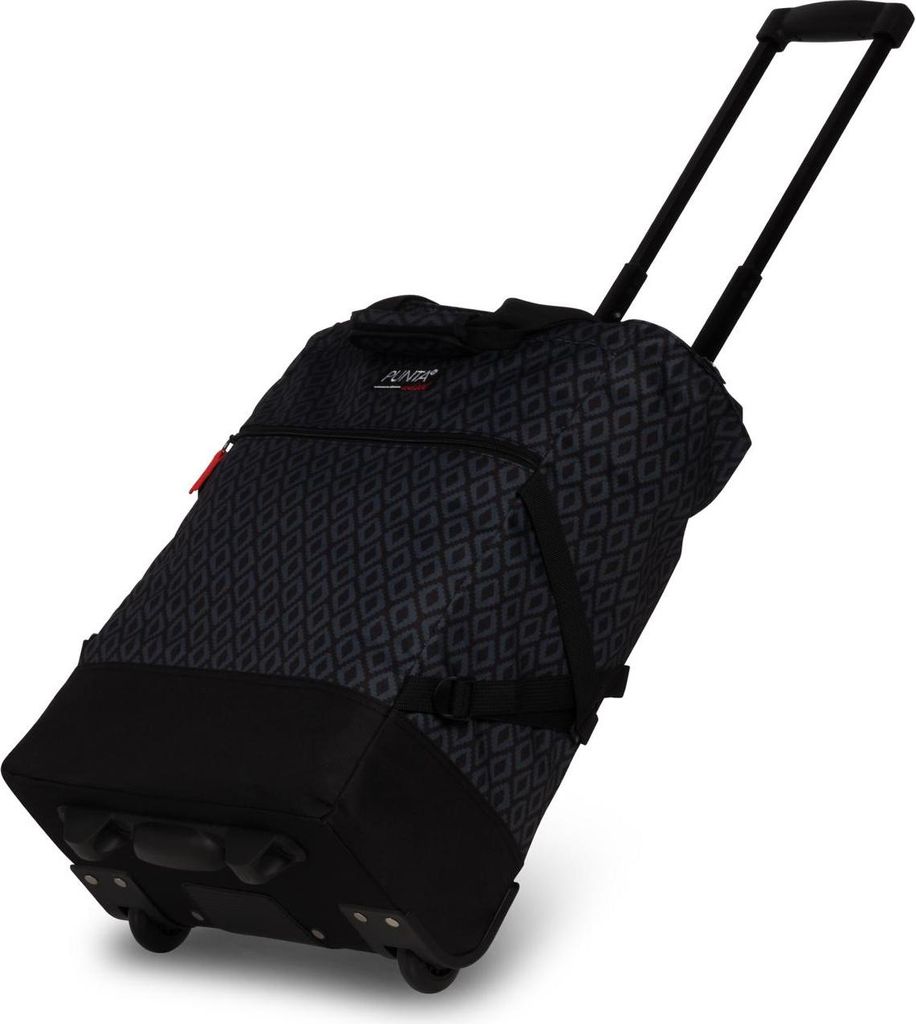 A black rolling shopping bag with a diamond pattern and a retractable handle, shown against a white background.