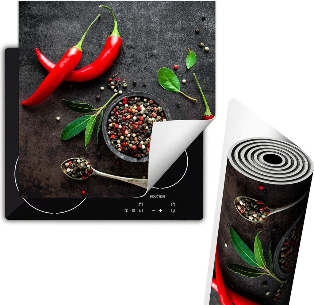 Herdabdeckplatte 60x52 cm Glaskeramikfeld Abdeckung Anti Rutsch Matte Aufrollbar, Gewürze Chilli