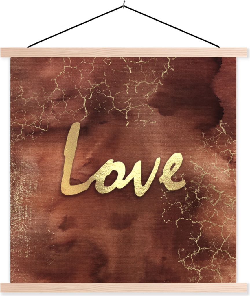 MuchoWow Textilposter Zitat - Liebe - Braun - Gold 120x120 cm mit holzfarbenen Rahmen - Textil-Poster