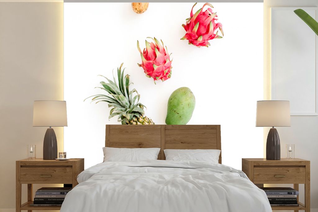 MuchoWow Fototapete für Wohnzimmer oder Schlafzimmer Wandtapete Vinyl Motivtapete Tropisch - Rosa - Obst - 350x350 cm - Schlafzimmertapete