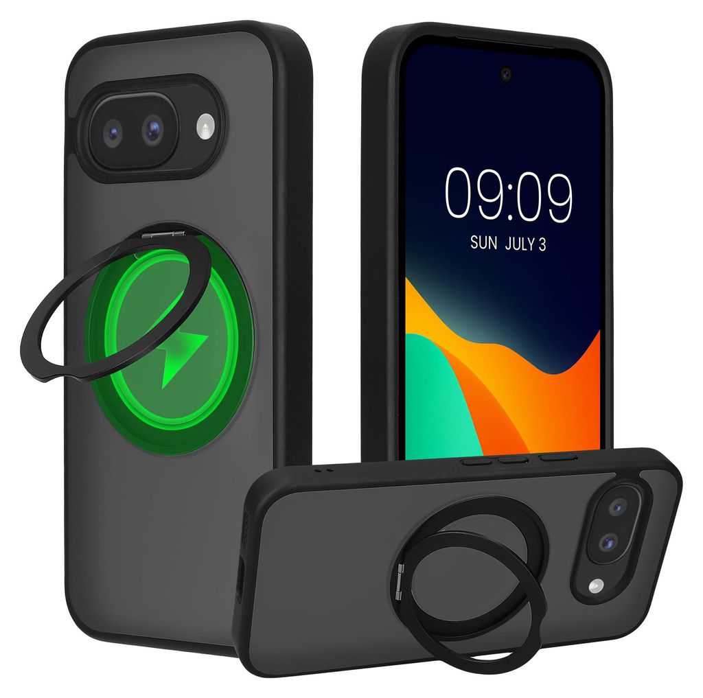 kalibri Schutzhülle mit Standringhalter kompatibel mit Google Pixel 9a Hülle - Kickstand 360° Ring Hardcase kompatibel mit MagSafe - Schwarz Matt