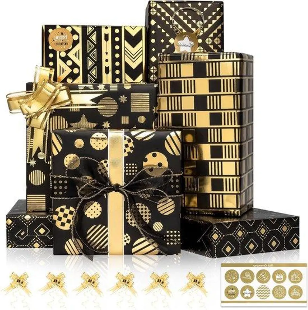 Papier Cadeau Épais Noir et Or : Emballage Sans Déchirure avec Ruban Inclus