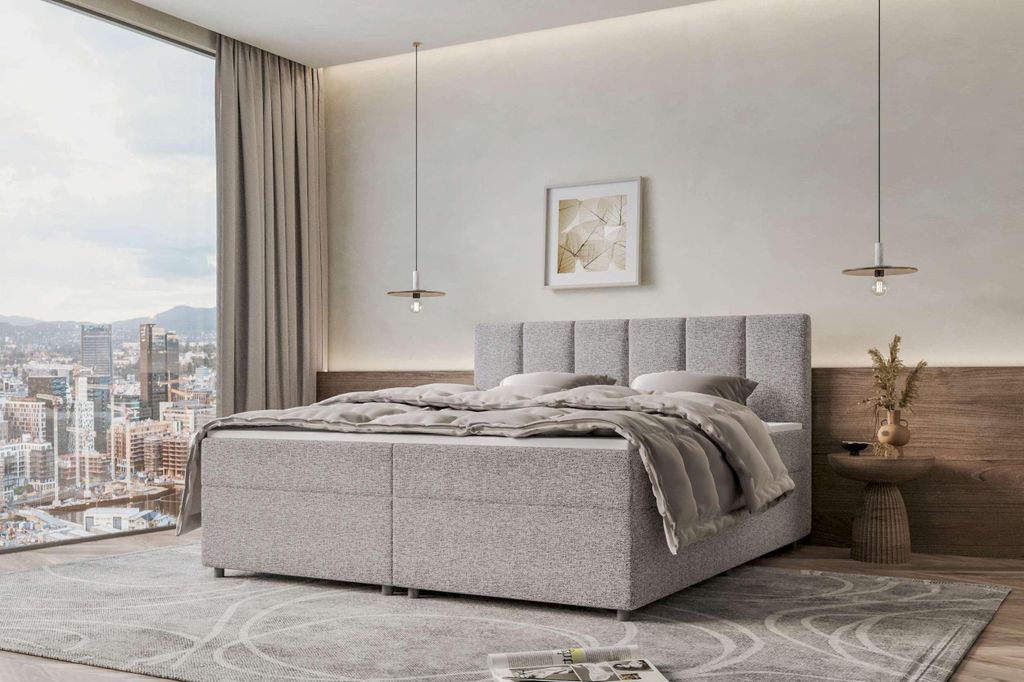 99rooms Bergamo Boxspringbett Webstoff MALMO_NEW Hellgrau 200x200 cm ohne Topper