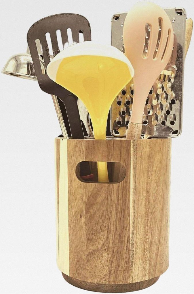 Utensilienhalter aus Akazienholz | Küchenutensilienhalter & Organizer für Arbeitsplatte | Küchenbehälter mit rustikalem Design (Groß 15×18 cm)
