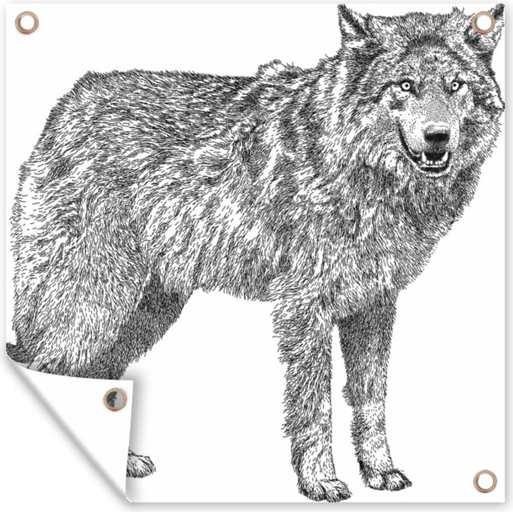 MuchoWow 50x50 cm Outdoor-Poster Gartendeko Sichtschutz Garten Poster für den Garten Wolf - Weiß - Skizze