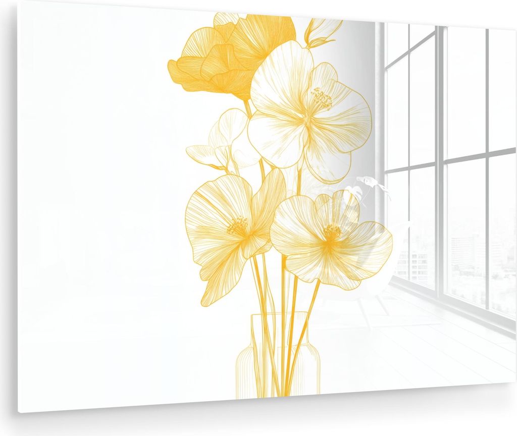MuchoWow Glasbilder - Bilder auf Wandbild - Foto auf Glas Strichzeichnung - Blumen - Gelb - Vase 120x80 cm Wanddekoration aus Glas - Acrylglasbild ...