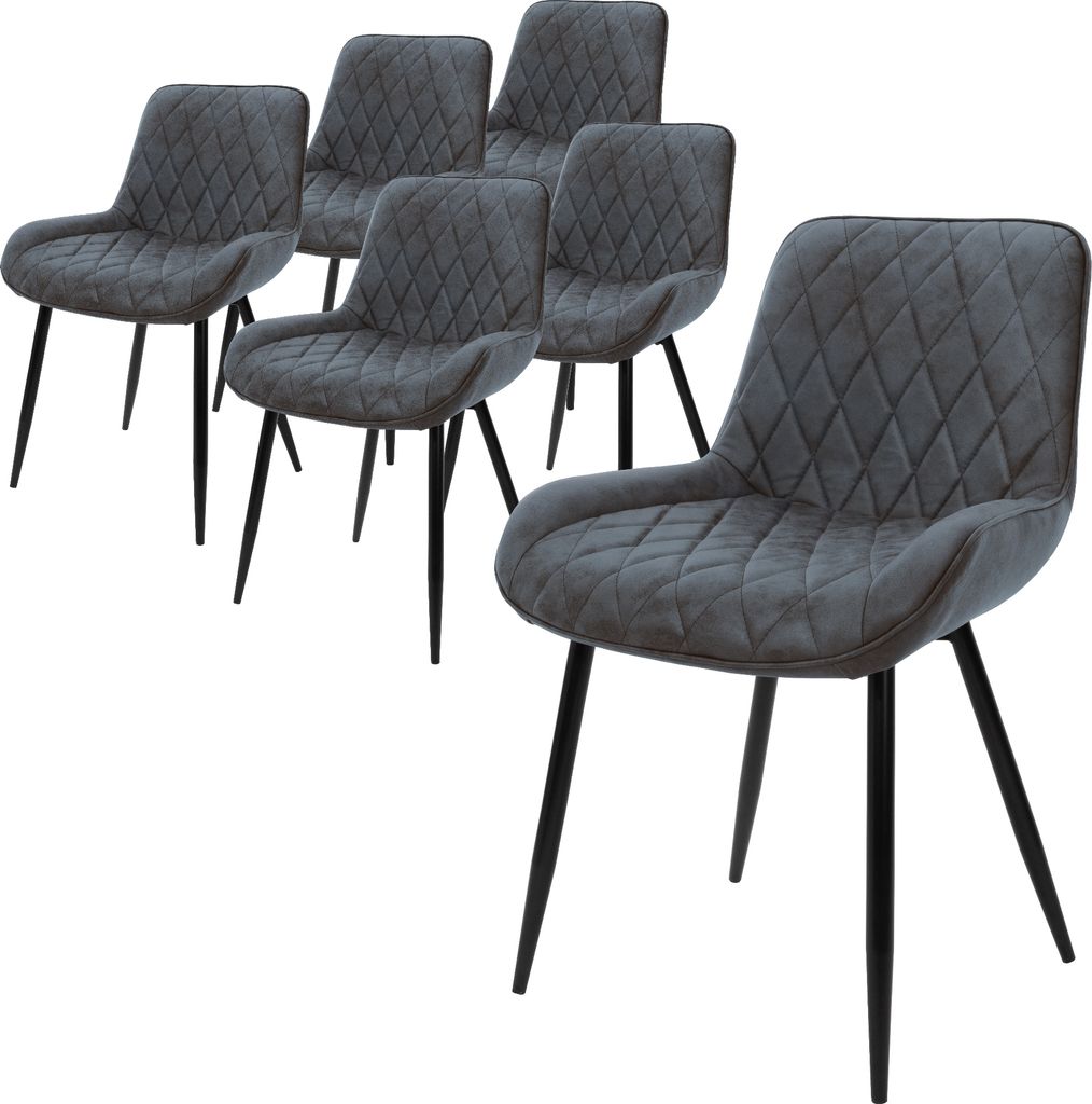 A set of six dining chairs arranged on a white background.