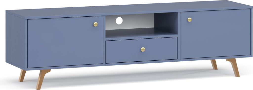 A blue TV lowboard with wooden legs on a white background.