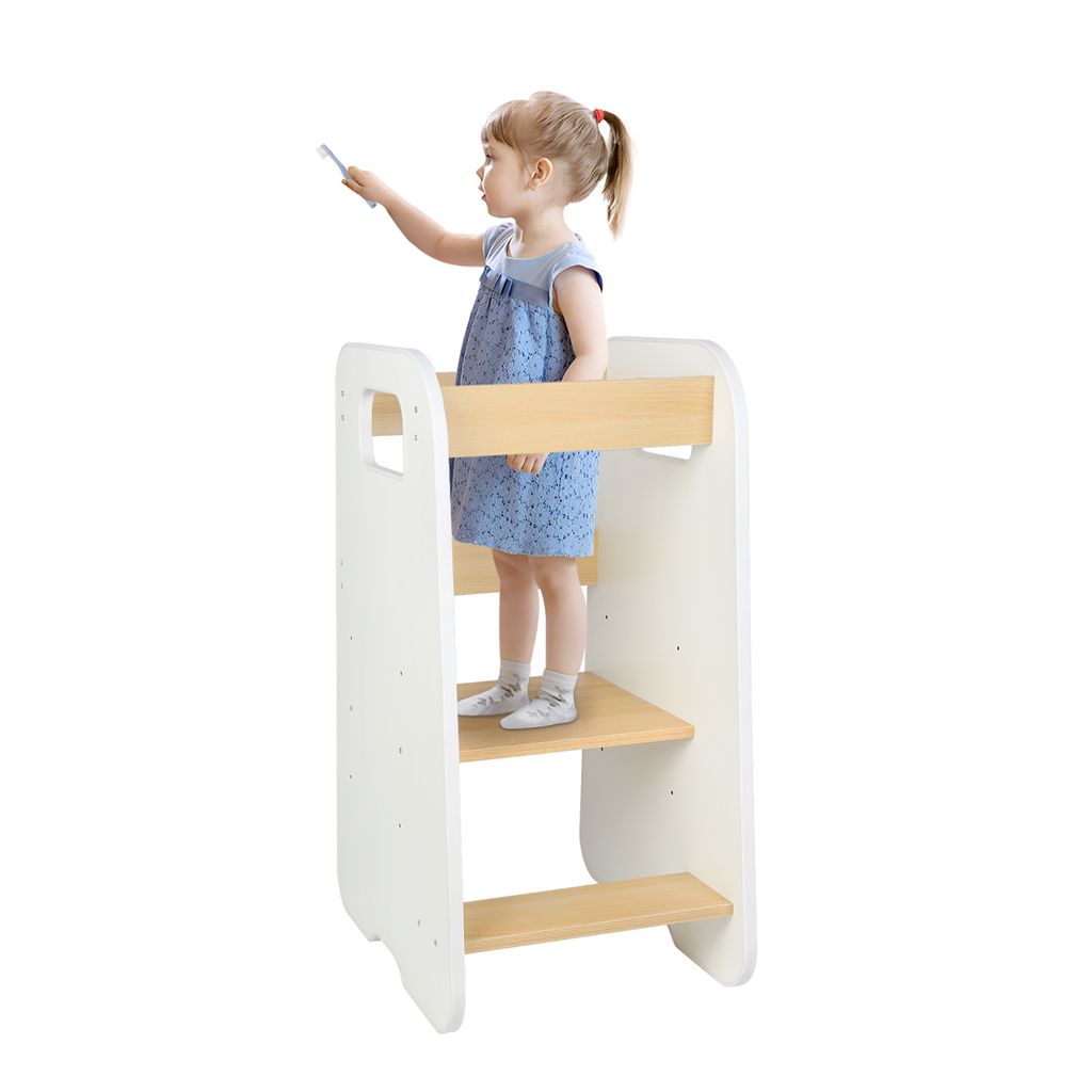 Holz Lernturm Montessori Stehhilfe,Learning Tower,Hocker Küchenhelfer,Lernleiter mit Kippschutz für Kinder ab 1 Jahr 80x50x40cm Weiße Eiche