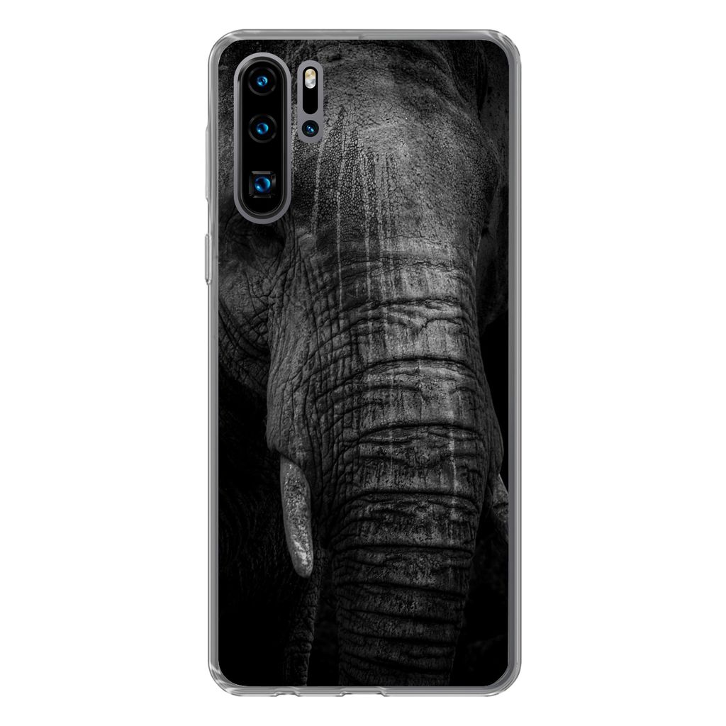 MuchoWow Handyhülle Schutzhülle Hülle für Huawei P30 Pro Elefant auf schwarzem Hintergrund in schwarz und weiß Silikon Softcase Handy Hülle...