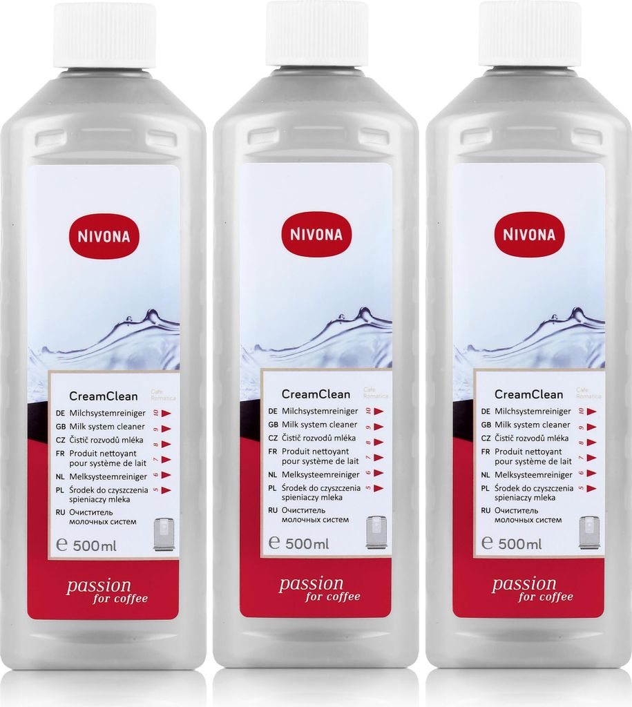 Three bottles of Nivona CreamClean cleaning fluid are displayed against a white background.