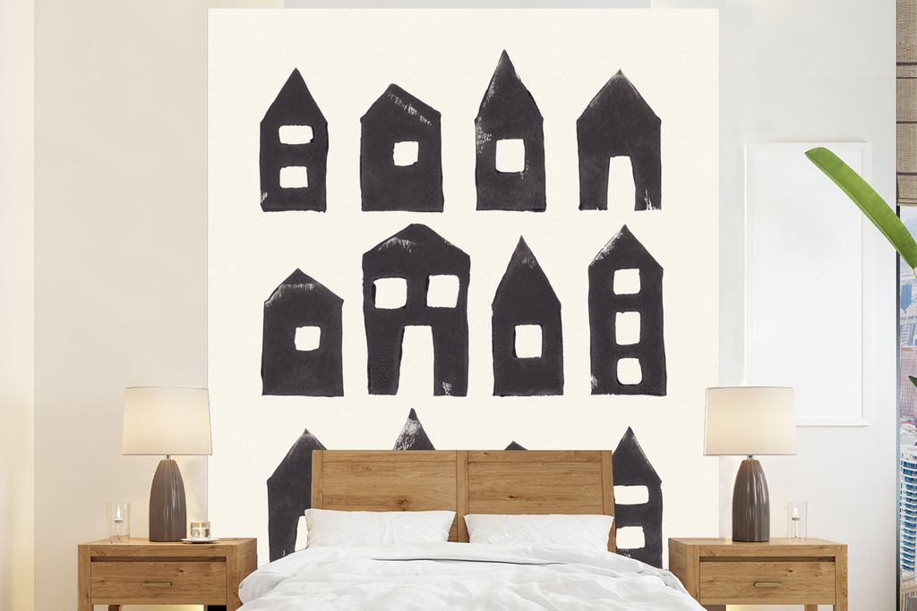 MuchoWow Fototapete für Wohnzimmer oder Schlafzimmer Wandtapete Vinyl Motivtapete Haus - Pastell - Schwarz - Abstrakt - 195x240 cm - Gemusterte