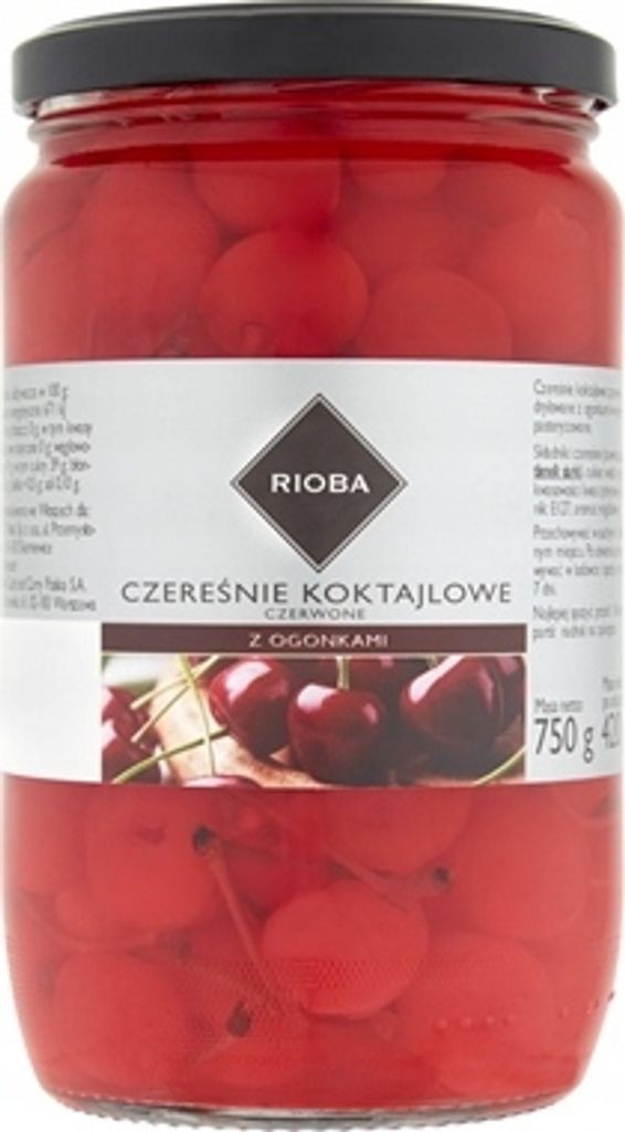 Czerwone wiśnie koktajlowe z szypułkami 750g - Rioba Zdjęcie produktu 